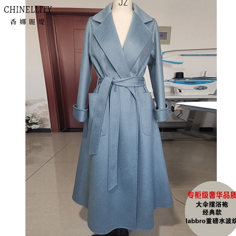 高端水波纹加厚双面羊绒大衣中长