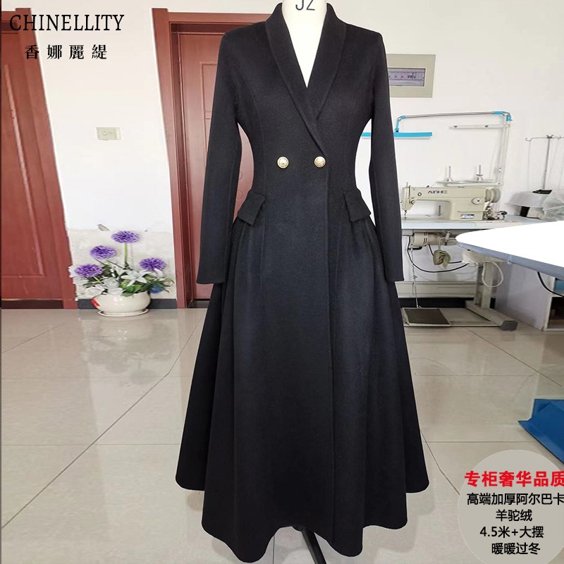 加厚双面羊毛大衣阿尔巴卡羊驼绒4.5米大摆黑色高端毛呢外套冬新