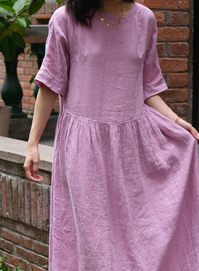 inLESS丨Toast 亚麻收腰连衣裙女宽松休闲短袖长裙