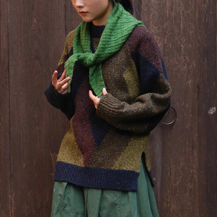 Argyle Marled 美利奴羊毛花纱菱格拼色圆领毛衣女 Toast inLESS