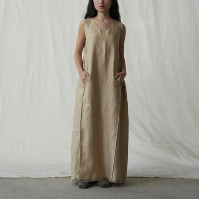 Vanish顽石 7折 双侧捏褶连衣裙亚麻无袖长裙女 折扣款不换