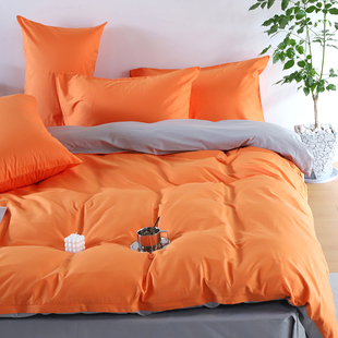 双拼纯色床上四件套高级感全棉床单被套床笠款家用酒店民宿床品橙