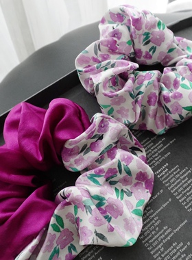 真丝发圈碎花大肠圈拼色网红韩国小众潮时尚甜美紫色复古法式少女