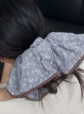 蓝色碎花大发圈锁边民族国风复古法式婴儿棉丸子头花古典韩系公主