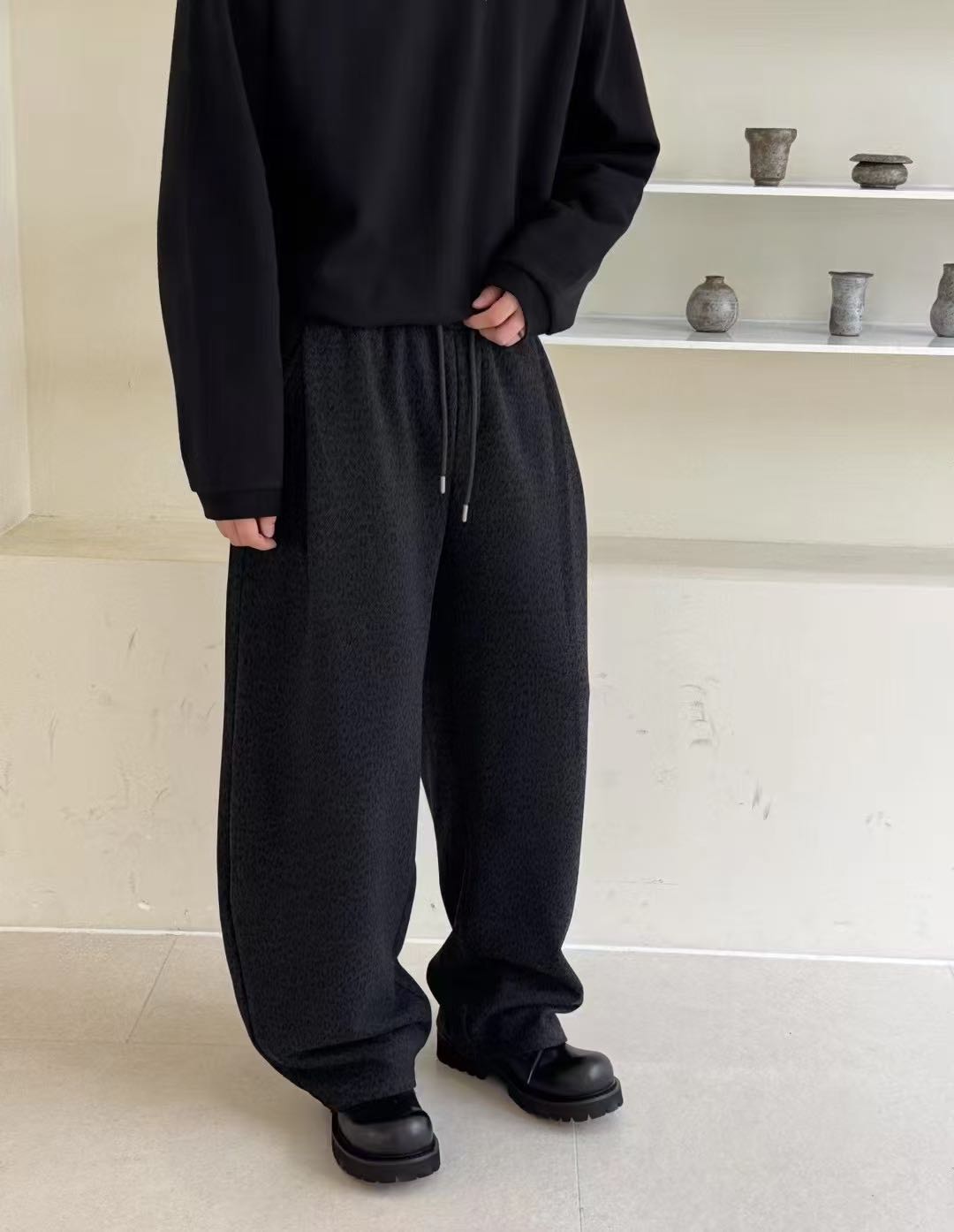 硬核型男冬季加绒加厚豹纹宽松阔腿裤弯刀裤香蕉裤休闲运动卫裤男