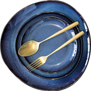 Luzerne陆升新骨瓷鳞彩蓝餐具轻奢美式饭碗盘子家用茶壶茶杯