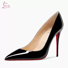 Lasanye2024 Spring and Autumn New Style Pointed-Toe Black Cl Red-Soled Shoes Genuine Leather Shallow Mouth Sexy Patent Leather High Heels