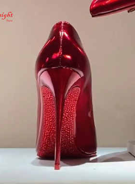 [新品CL同款水钻红底高跟鞋]镭射红婚鞋细跟红内里黑色12cm单鞋女