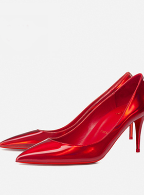 7cm镭射红2024新款高跟鞋6cm红底鞋细跟尖头单鞋女浅口婚鞋新娘鞋