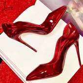 辣妹13cm红色底cl高跟鞋 Chick Hot 细跟浅口露趾电光红色婚鞋 单鞋