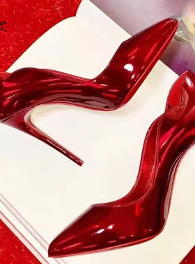 辣妹13cm红色底cl高跟鞋细跟浅口露趾电光红色婚鞋单鞋Hot Chick