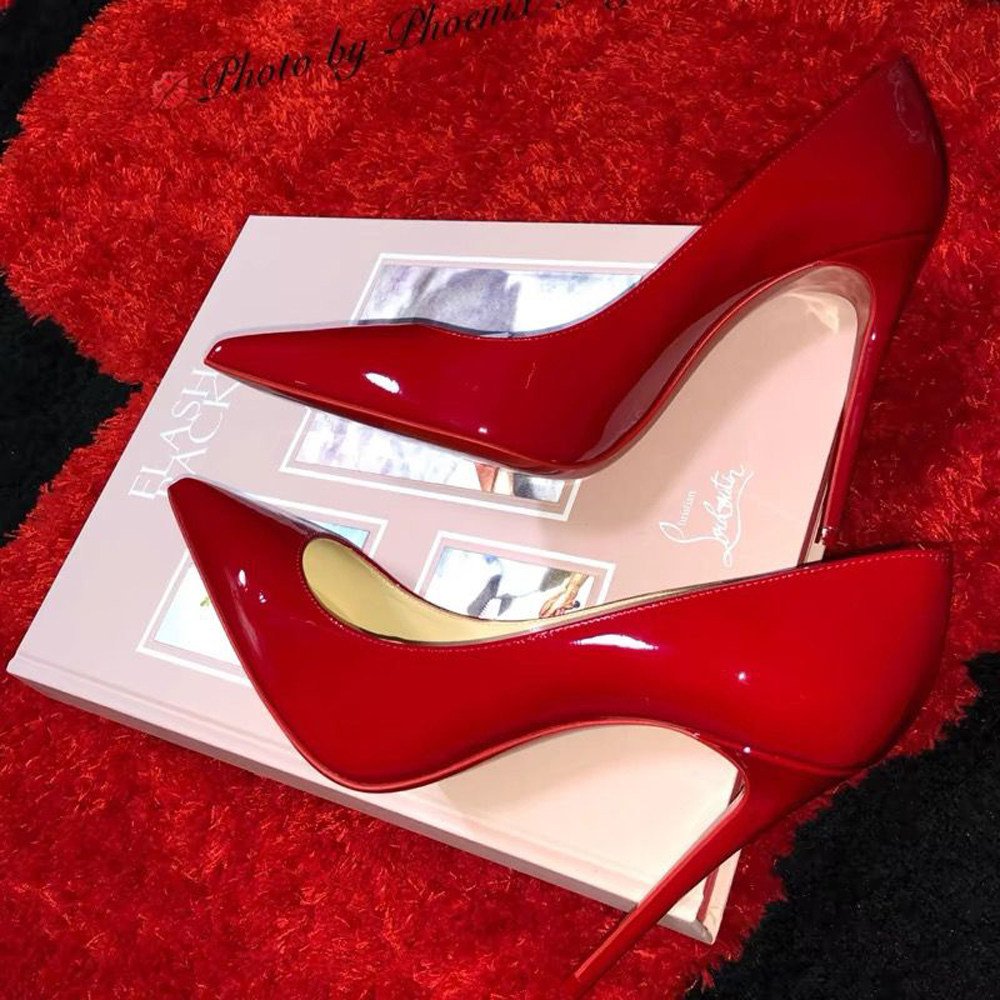 红色漆皮12cm超高跟鞋红底细跟浅口露趾黑色牛皮cl单鞋女婚鞋真皮