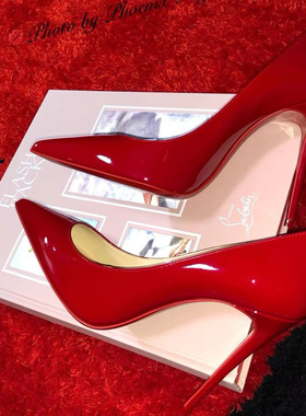 红色漆皮12cm超高跟鞋红底细跟浅口露趾黑色牛皮cl单鞋女婚鞋真皮