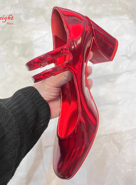 特价ACL红底玛丽珍女鞋新款高跟鞋黑色漆皮粗跟单鞋女镭射红婚鞋