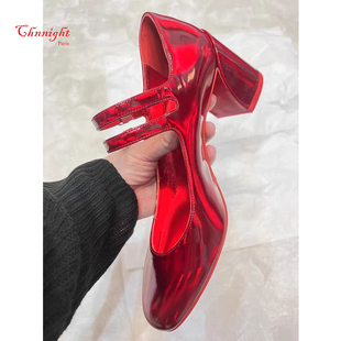 特价ACL红底玛丽珍女鞋新款高跟鞋黑色漆皮粗跟单鞋女镭射红婚鞋