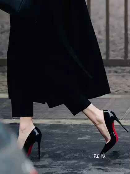 French-Style Genuine Leather Cl Red-Soled High Heels for Women, Open-Toe Pointed Toe Stiletto Heels, Black Patent Leather Fashion Shallow Pumps, Elegant Style