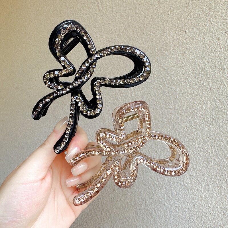 韩国高级感水钻蝴蝶鲨鱼夹气质满钻后脑勺半扎发抓夹大号盘发夹子