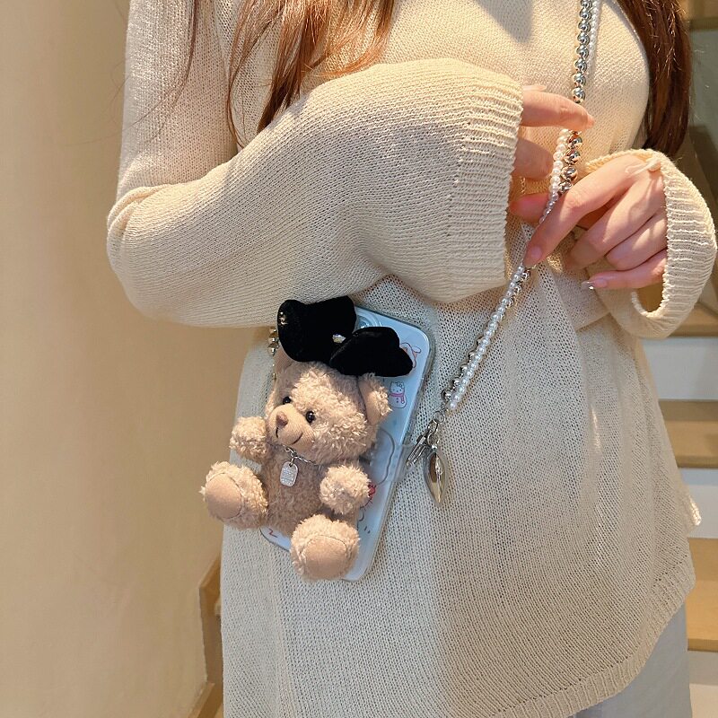 韩国同款卡通毛绒小熊手机挂绳斜挎背带夹片男女手机壳挂绳可背绳