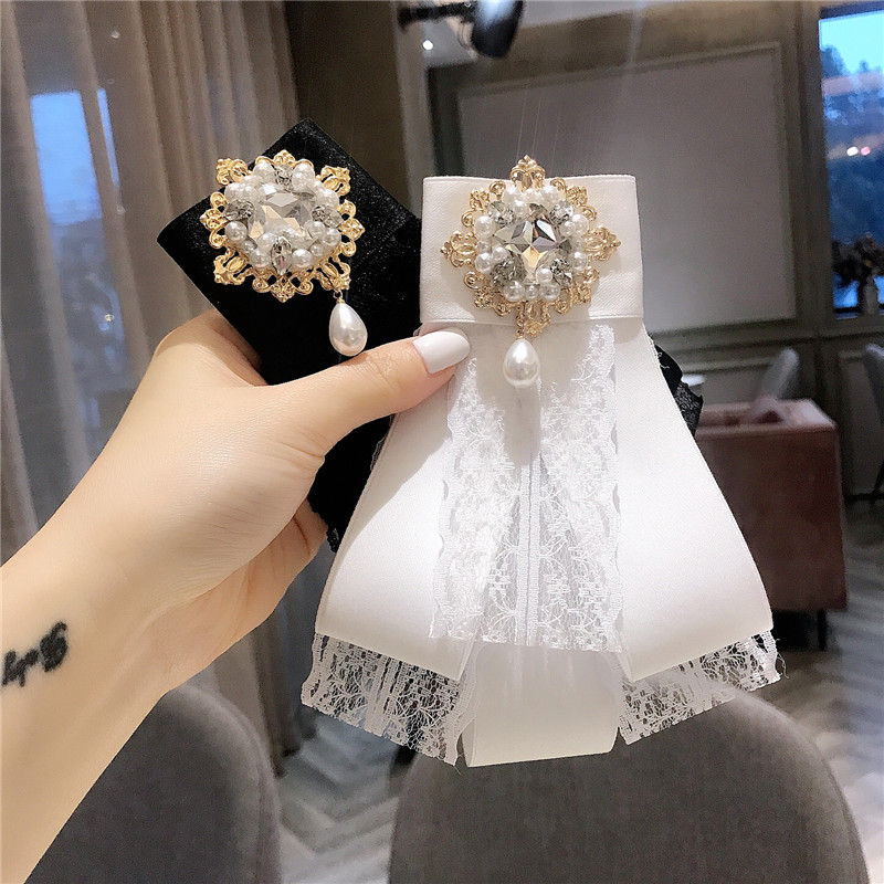 韓國巴洛克鉆飾領結珍珠蕾絲綢帶