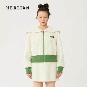 HERLIAN秋冬新品白绿撞色拼接羊羔毛外套