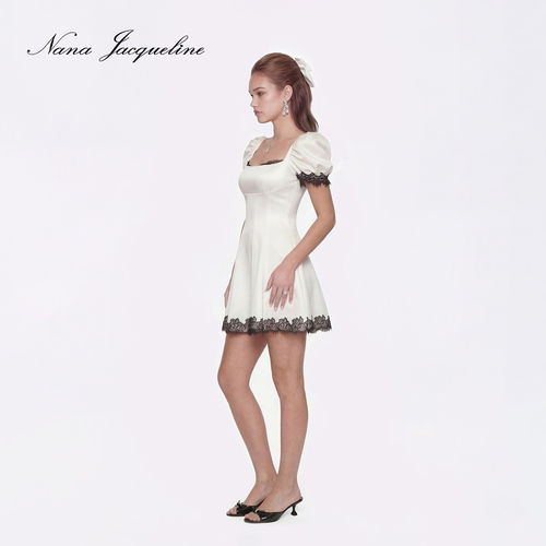 NanaJacqueline夏季新款撞色蕾丝花边泡泡袖洋装女气质复古短裙