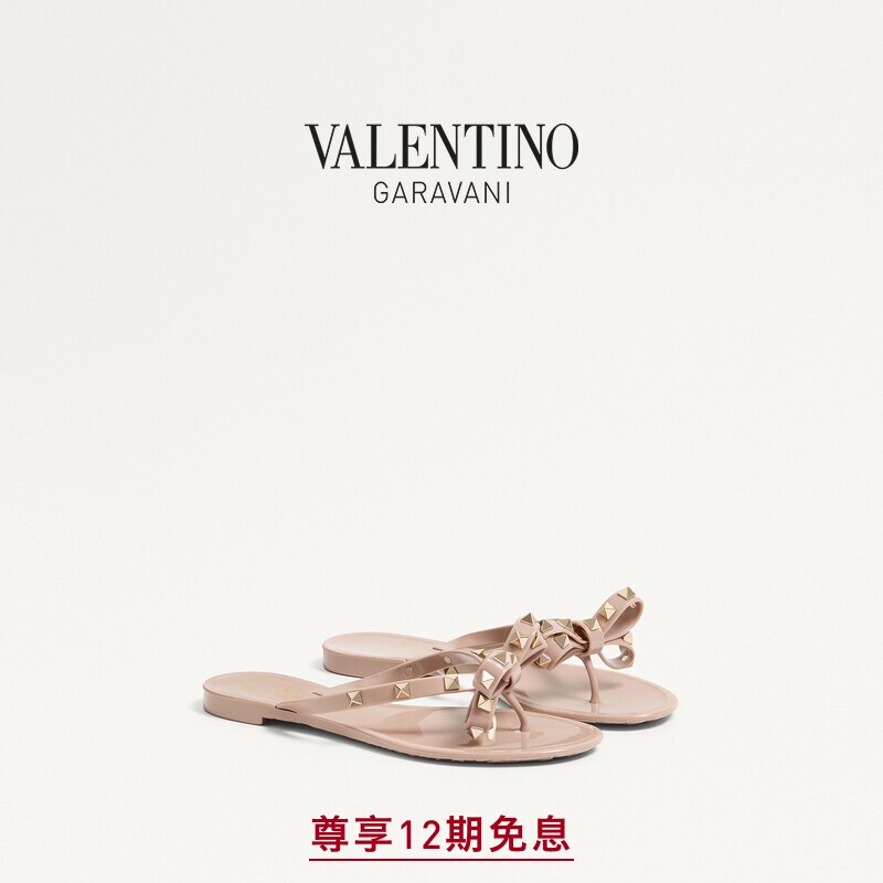华伦天奴VALENTINO女士 ROCKSTUD 平底铆钉凉鞋拖鞋[礼物]