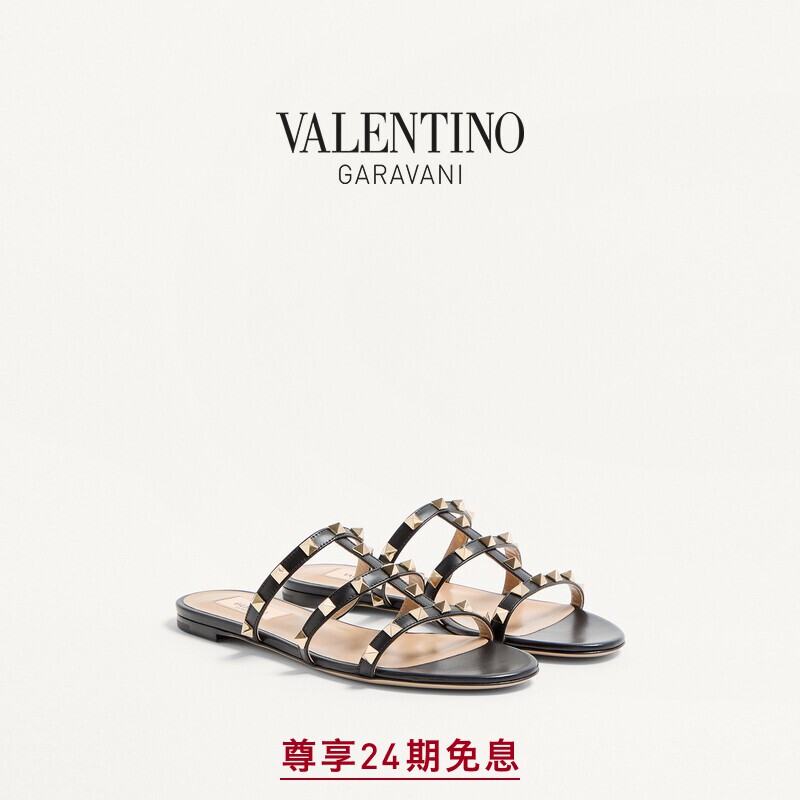 华伦天奴VALENTINO女士 ROCKSTUD 平底铆钉凉鞋拖鞋[礼物]