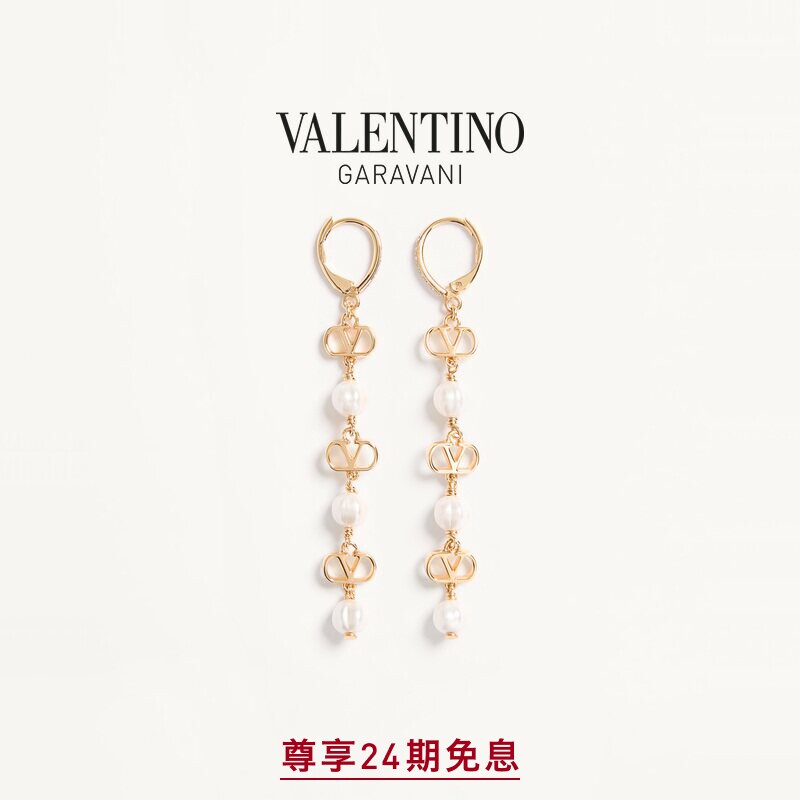 华伦天奴VALENTINO女士VLOGO SIGNATURE金属 玻璃珠和仿水晶耳环