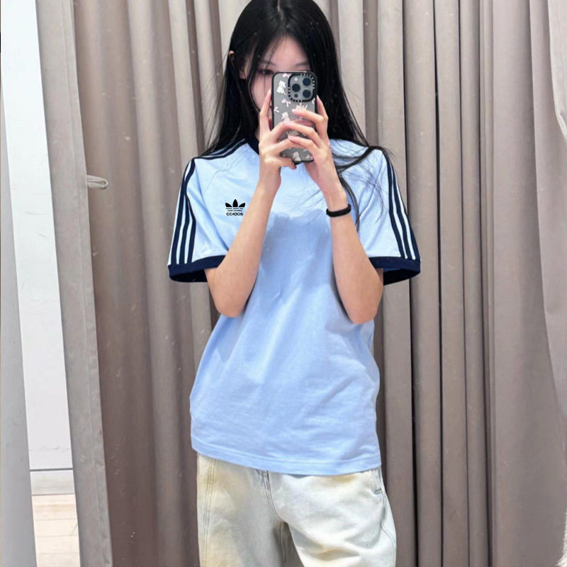 夏季纯棉三条纹圆领短袖T恤女