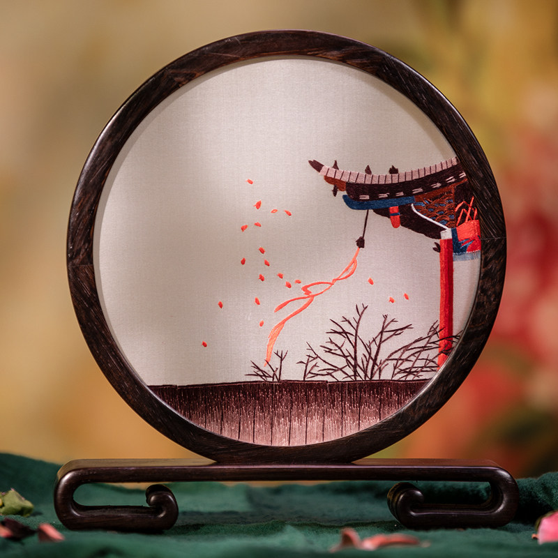 湘传礼湘绣手工刺绣双面绣卧室书房桌台面圆屏摆件新中式艺术礼品