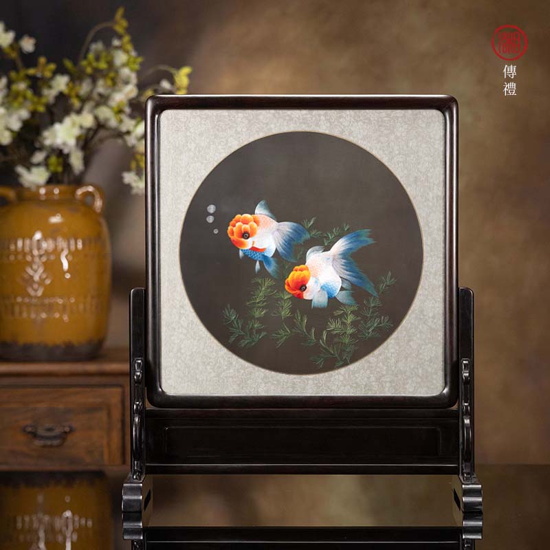 湘传礼湘绣四丝精品锦鲤手工绣紫光檀插屏摆件双面绣台屏刺绣礼品