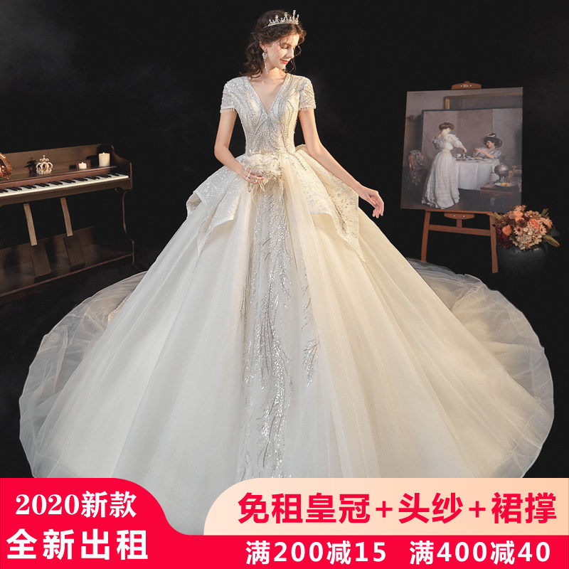 2020新款婚纱礼服法式拖尾梦幻显瘦V领奢华新娘超仙重工流苏袖口