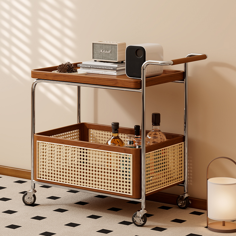 热销实木可移动边几收纳中古小推车客厅沙发储物置物架藤编简约餐