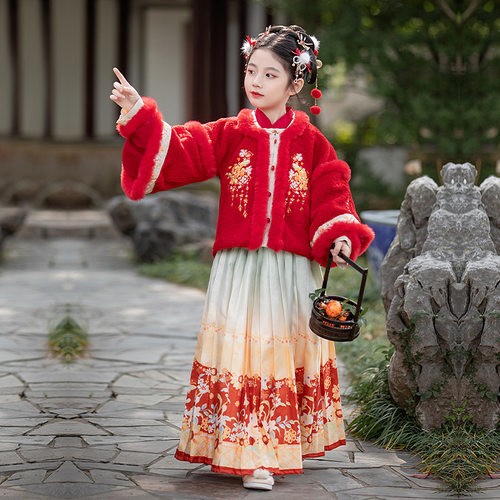 女童汉服2024新款冬季加厚加绒中国风古装儿童唐装马面裙拜年服装