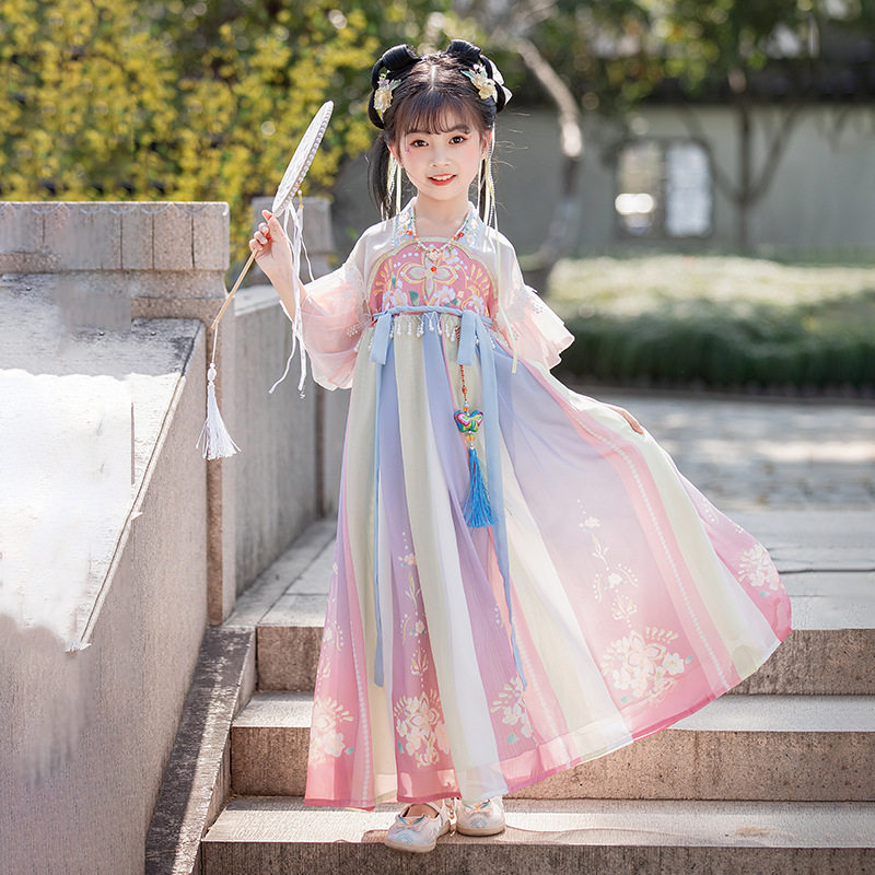 正品2023夏季汉服女童新款唐制改良刺绣超仙短袖连衣裙中国风襦裙