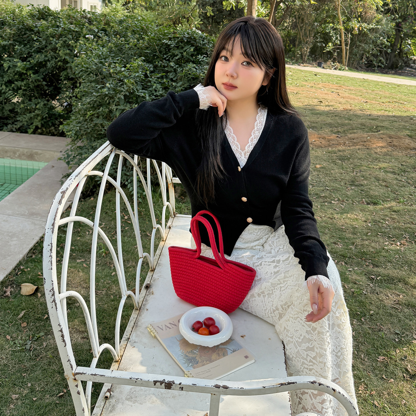 纯欲风开衫+蕾丝吊带裙长款两件套春季大码胖MM花边V领打底背心裙