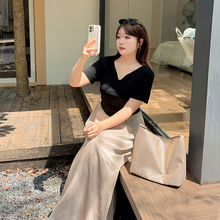 2025夏季新款大码女装高腰线拼接假两件减龄连衣裙显腰细正肩长裙