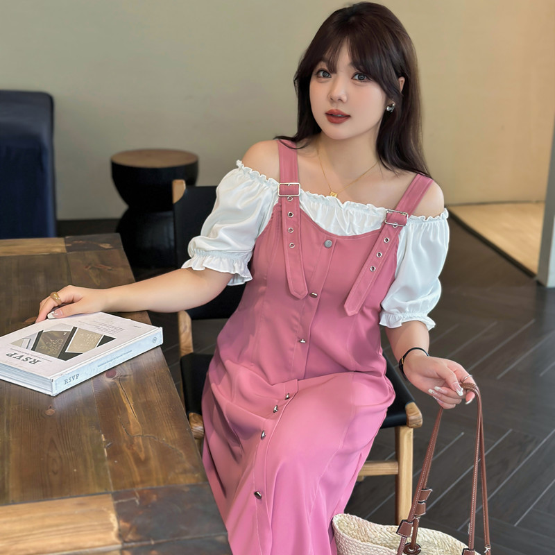 裙子女夏季甜美一字肩裙子大码200斤假两件背带裙胖mm夏装连衣裙