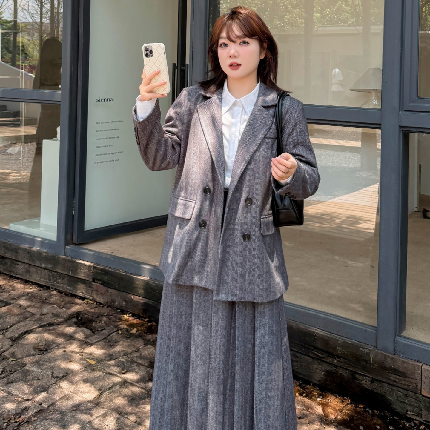 2025冬季新款英伦风人字纹毛呢西装半身裙两件套装女职业西装套装,女装/女士精品,西装,淘宝优惠券,粉丝福利购,淘宝优惠卷