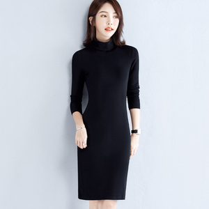 黑色罗纹棉高领长袖连衣裙女中长款春秋新款修身显瘦内搭打底裙子