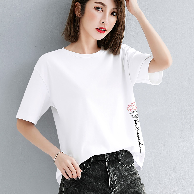 纯棉宽松圆领印花短袖t恤女薄款