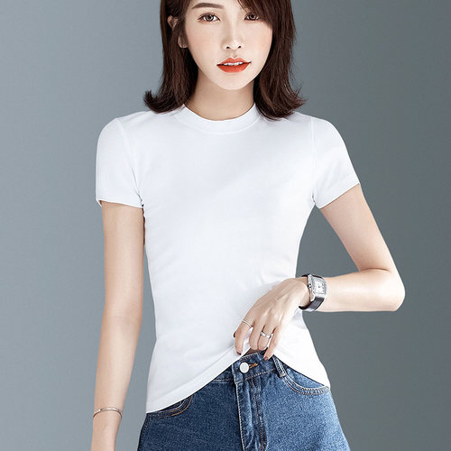 白色修身半高领短袖t恤女上衣夏