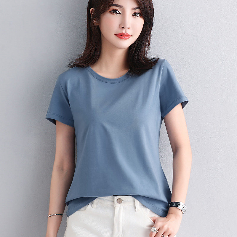 雾霾蓝纯棉修身短袖t恤女夏季新款纯色圆领简约百搭打底体恤上衣