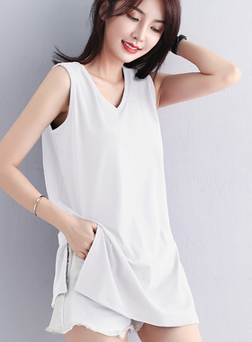 白色宽松v领吊带背心女中长款夏季休闲大码胖mm无袖t恤打底衫上衣