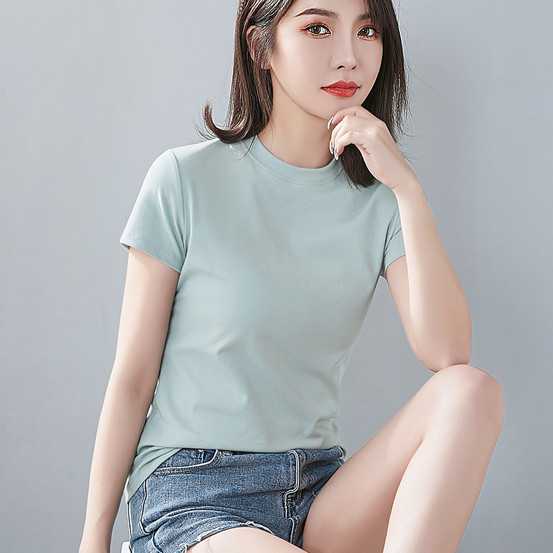 浅蓝色纯棉修身半高领短袖t恤女夏季新款纯色百搭显瘦打底体恤衫