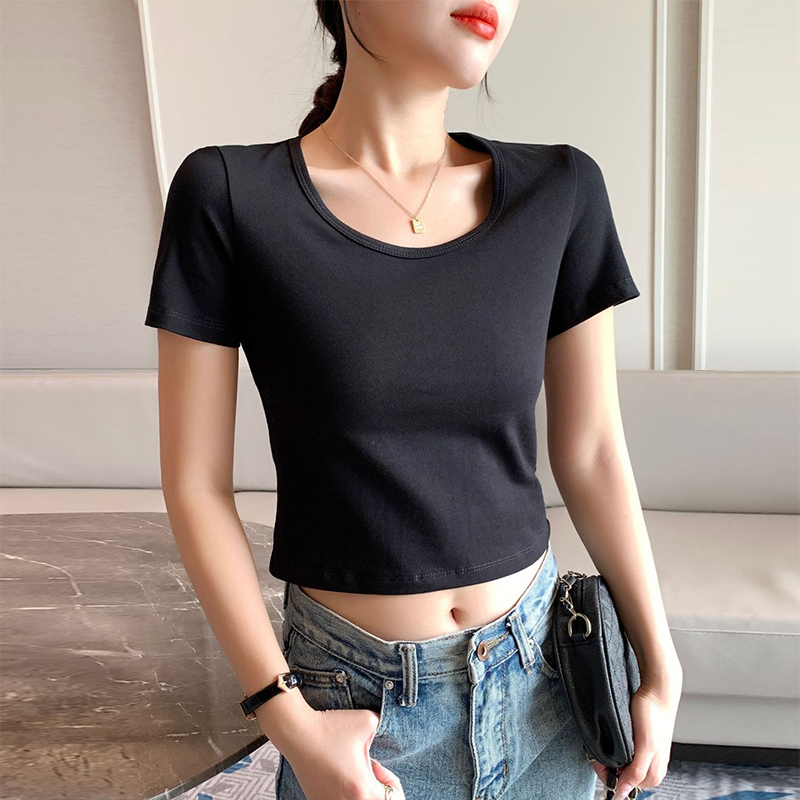 黑色纯棉修身短款短袖t恤女夏