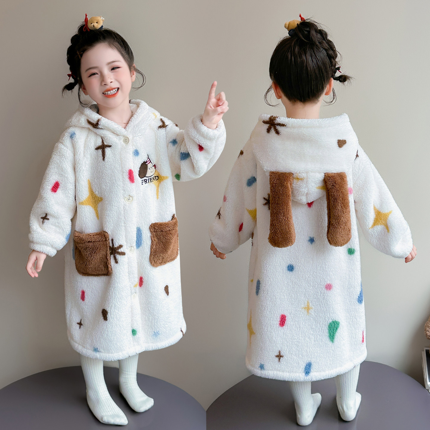 儿童法兰额睡袍女孩家居服