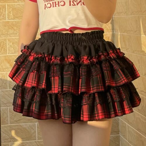 甜酷辣妹朋克格子蕾丝蓬蓬短裙