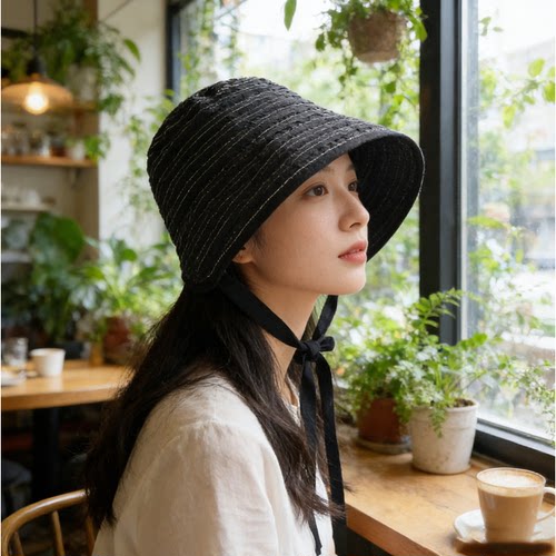春夏防晒出行水桶帽小萝莉法式复古遮阳帽可折叠条纹防晒帽