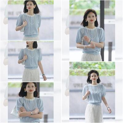 小个子蓝色泡泡袖针织冰丝短款上衣女夏季独特超好看正肩短袖t恤